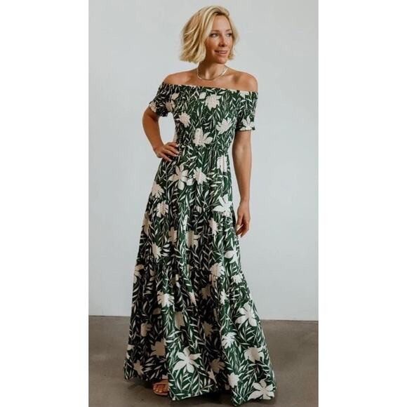 Baltic born Dresses & Skirts - Baltic Born Becca Smocked Maxi Dress Green Floral Off Shoulder S